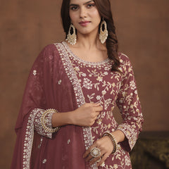 Designer Brown Faux Georgette Embroidery Sharara Suit