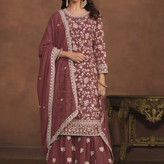 Designer Brown Faux Georgette Embroidery Sharara Suit