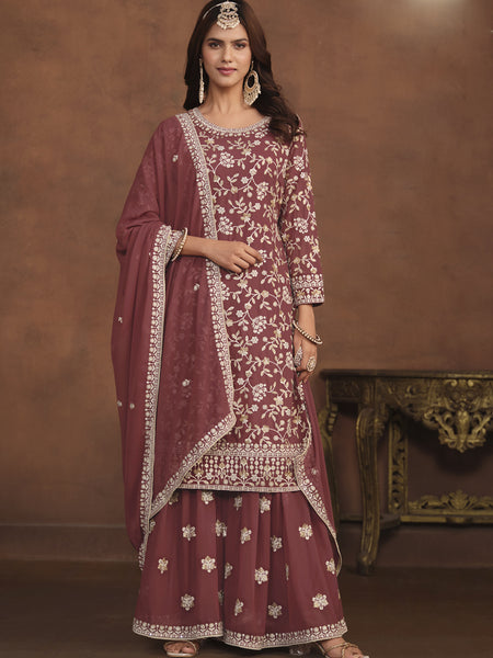 Designer Brown Faux Georgette Embroidery Sharara Suit