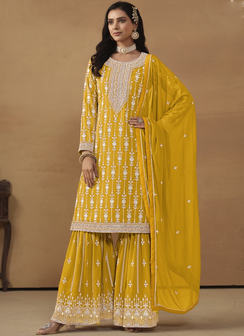 Designer Yellow Faux Georgette Embroidery Sharara Suit