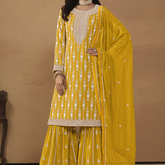 Designer Yellow Faux Georgette Embroidery Sharara Suit