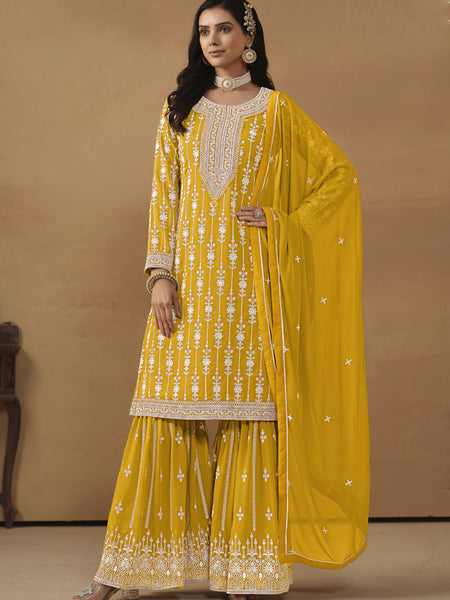 Designer Yellow Faux Georgette Embroidery Sharara Suit