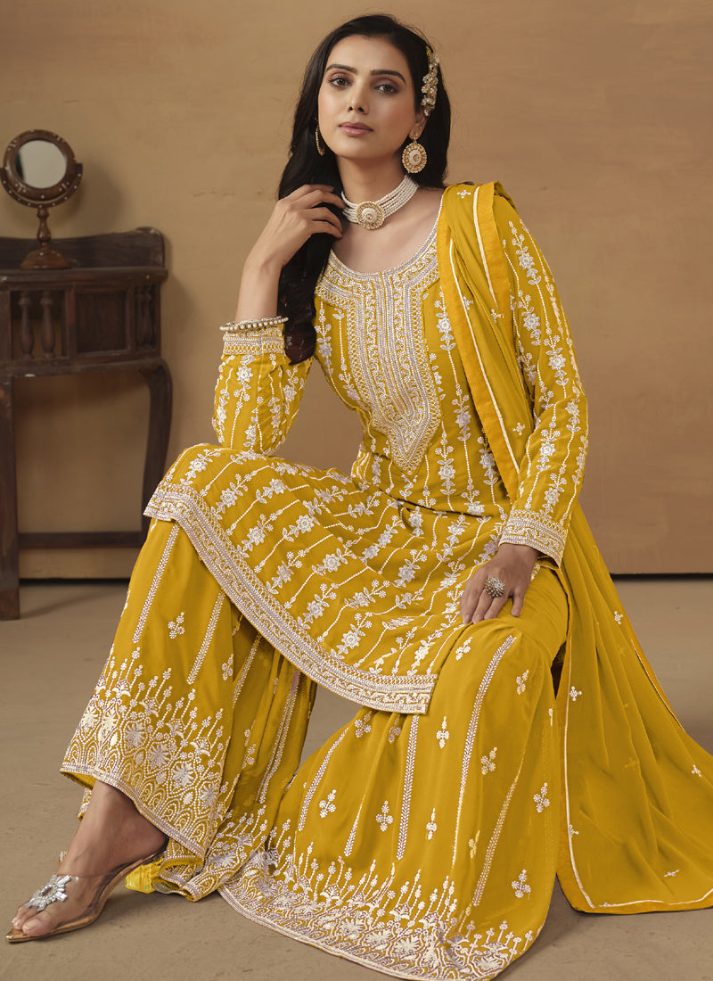 Designer Yellow Faux Georgette Embroidery Sharara Suit