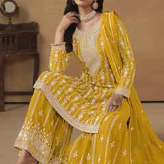 Designer Yellow Faux Georgette Embroidery Sharara Suit