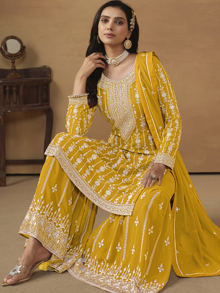Designer Yellow Faux Georgette Embroidery Sharara Suit