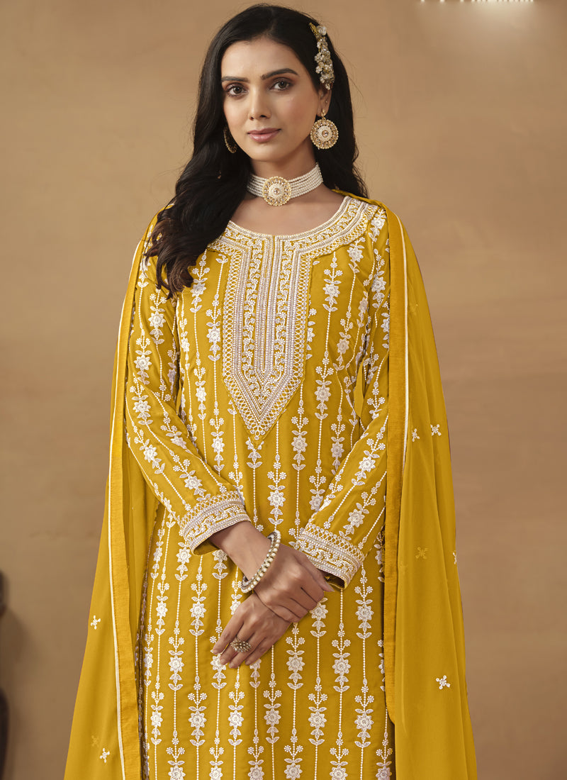 Designer Yellow Faux Georgette Embroidery Sharara Suit