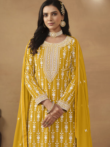 Designer Yellow Faux Georgette Embroidery Sharara Suit