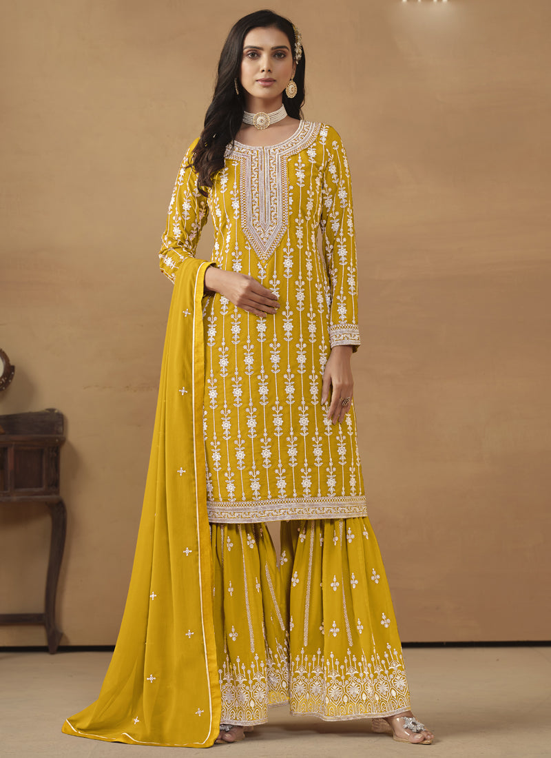 Designer Yellow Faux Georgette Embroidery Sharara Suit