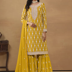 Designer Yellow Faux Georgette Embroidery Sharara Suit