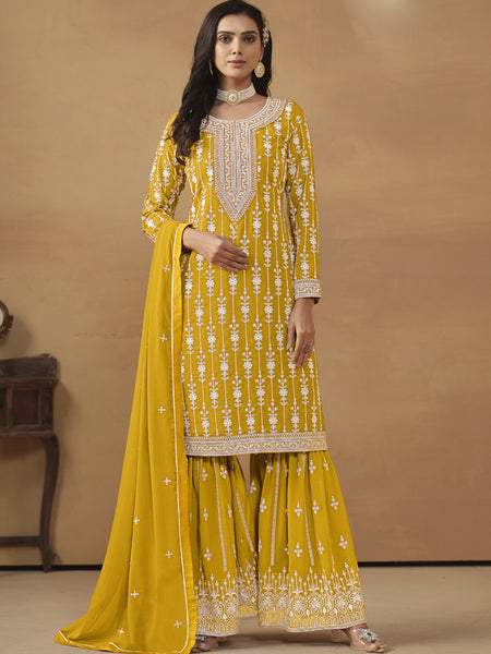 Designer Yellow Faux Georgette Embroidery Sharara Suit