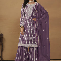 Designer Purple Faux Georgette Embroidery Sharara Suit