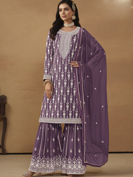Designer Purple Faux Georgette Embroidery Sharara Suit