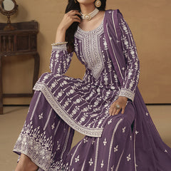 Designer Purple Faux Georgette Embroidery Sharara Suit