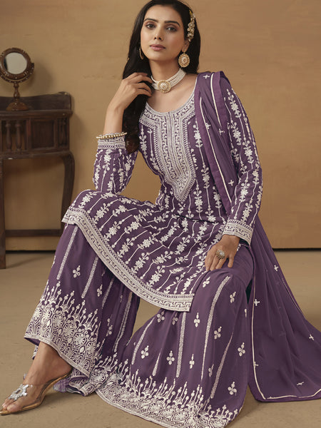 Designer Purple Faux Georgette Embroidery Sharara Suit