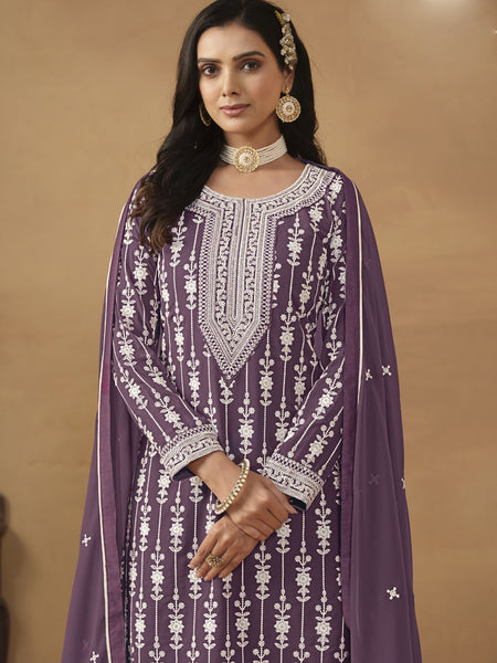 Designer Purple Faux Georgette Embroidery Sharara Suit