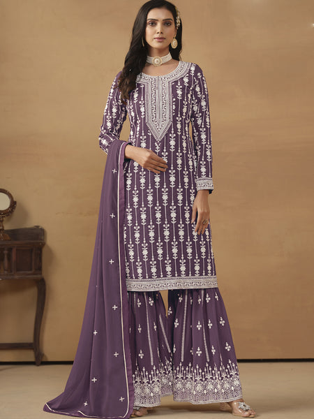 Designer Purple Faux Georgette Embroidery Sharara Suit