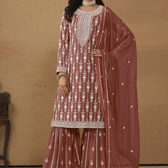 Designer Brown Faux Georgette Embroidery Sharara Suit