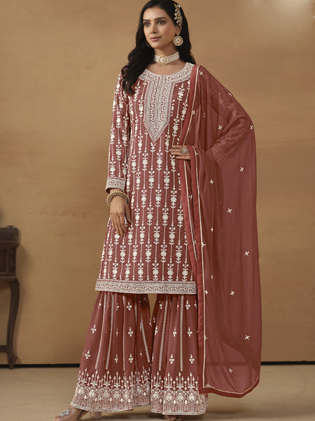 Designer Brown Faux Georgette Embroidery Sharara Suit
