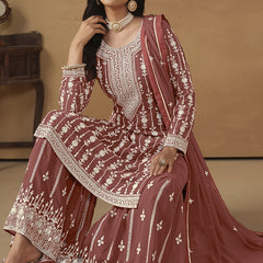 Designer Brown Faux Georgette Embroidery Sharara Suit
