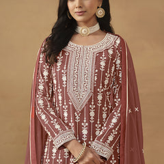 Designer Brown Faux Georgette Embroidery Sharara Suit