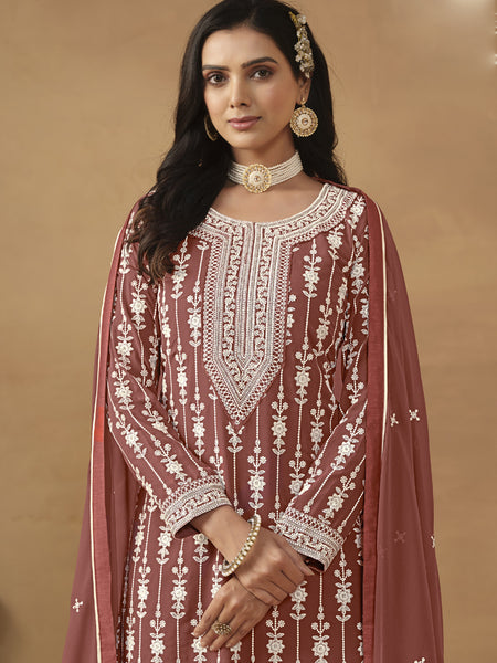Designer Brown Faux Georgette Embroidery Sharara Suit