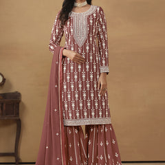 Designer Brown Faux Georgette Embroidery Sharara Suit