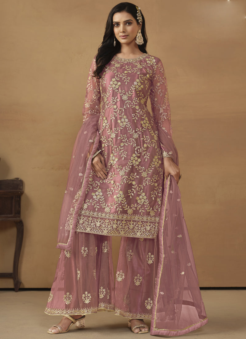 Onion Pink Net Embroidered Sharara Suit