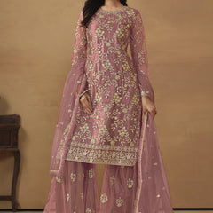 Onion Pink Net Embroidered Sharara Suit