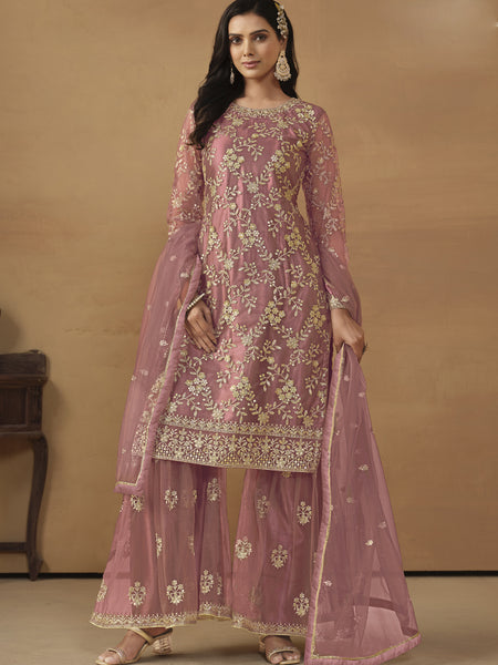 Onion Pink Net Embroidered Sharara Suit