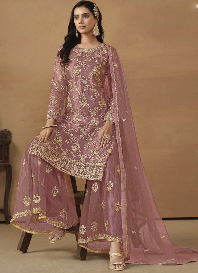 Onion Pink Net Embroidered Sharara Suit