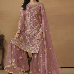Onion Pink Net Embroidered Sharara Suit