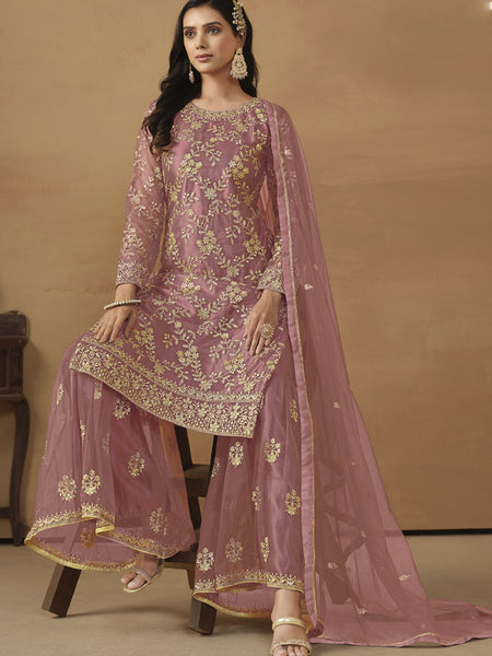 Onion Pink Net Embroidered Sharara Suit