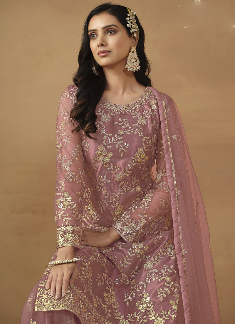 Onion Pink Net Embroidered Sharara Suit