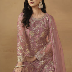 Onion Pink Net Embroidered Sharara Suit