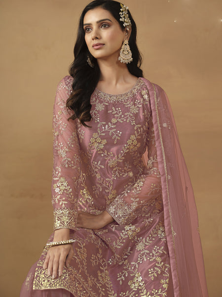Onion Pink Net Embroidered Sharara Suit
