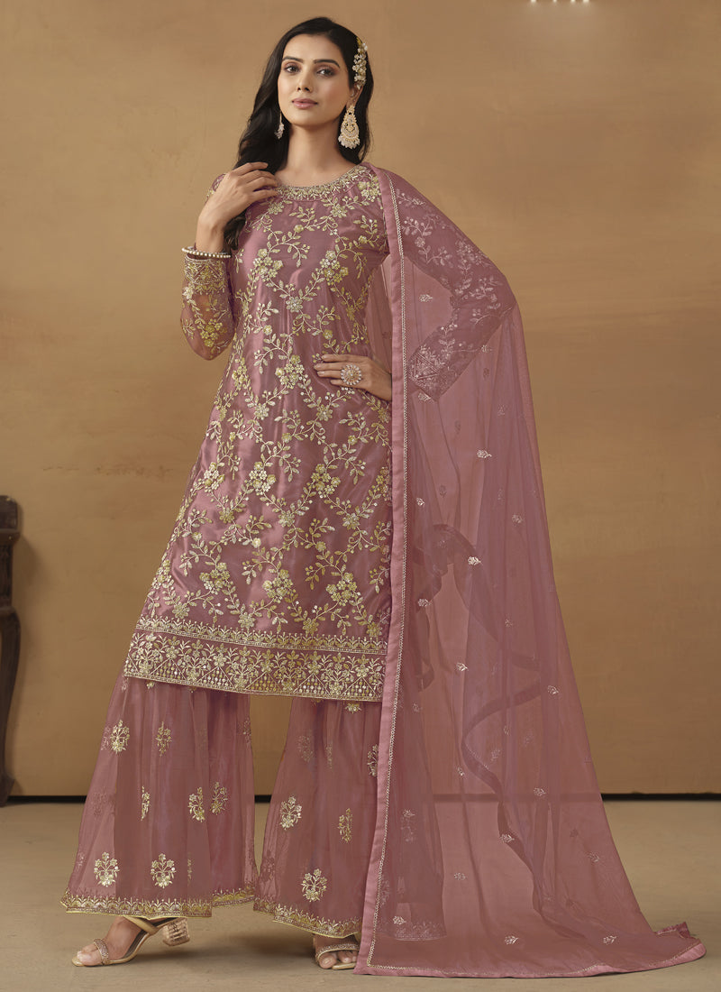 Onion Pink Net Embroidered Sharara Suit