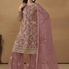 Onion Pink Net Embroidered Sharara Suit