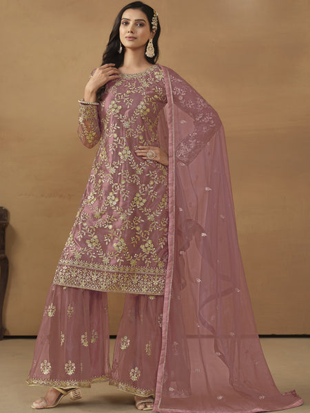 Onion Pink Net Embroidered Sharara Suit