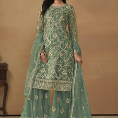 Light Green Net Embroidered Sharara Suit