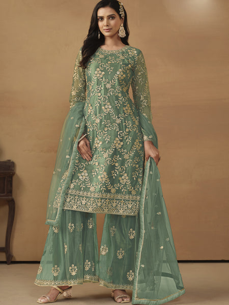 Light Green Net Embroidered Sharara Suit