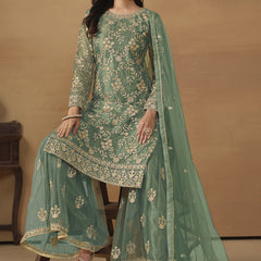 Light Green Net Embroidered Sharara Suit