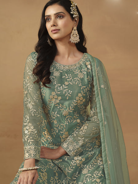 Light Green Net Embroidered Sharara Suit