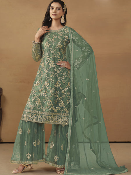 Light Green Net Embroidered Sharara Suit