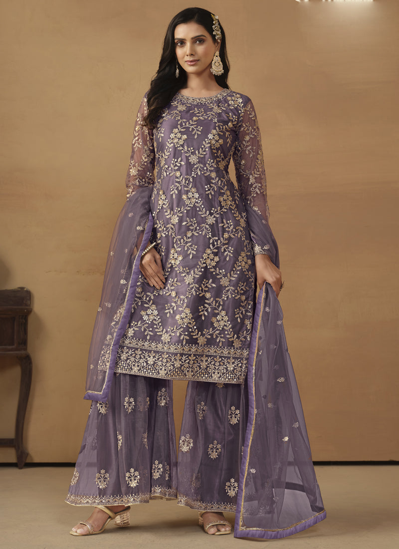 Purple Net Embroidered Sharara Suit