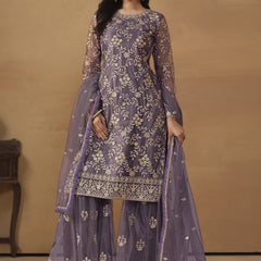 Purple Net Embroidered Sharara Suit