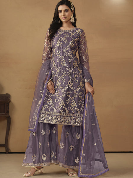 Purple Net Embroidered Sharara Suit