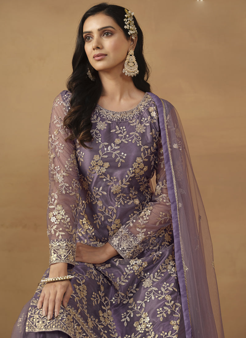 Purple Net Embroidered Sharara Suit