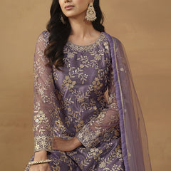 Purple Net Embroidered Sharara Suit