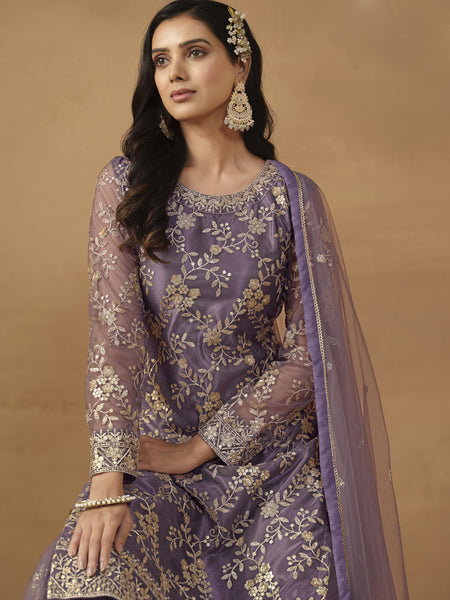 Purple Net Embroidered Sharara Suit
