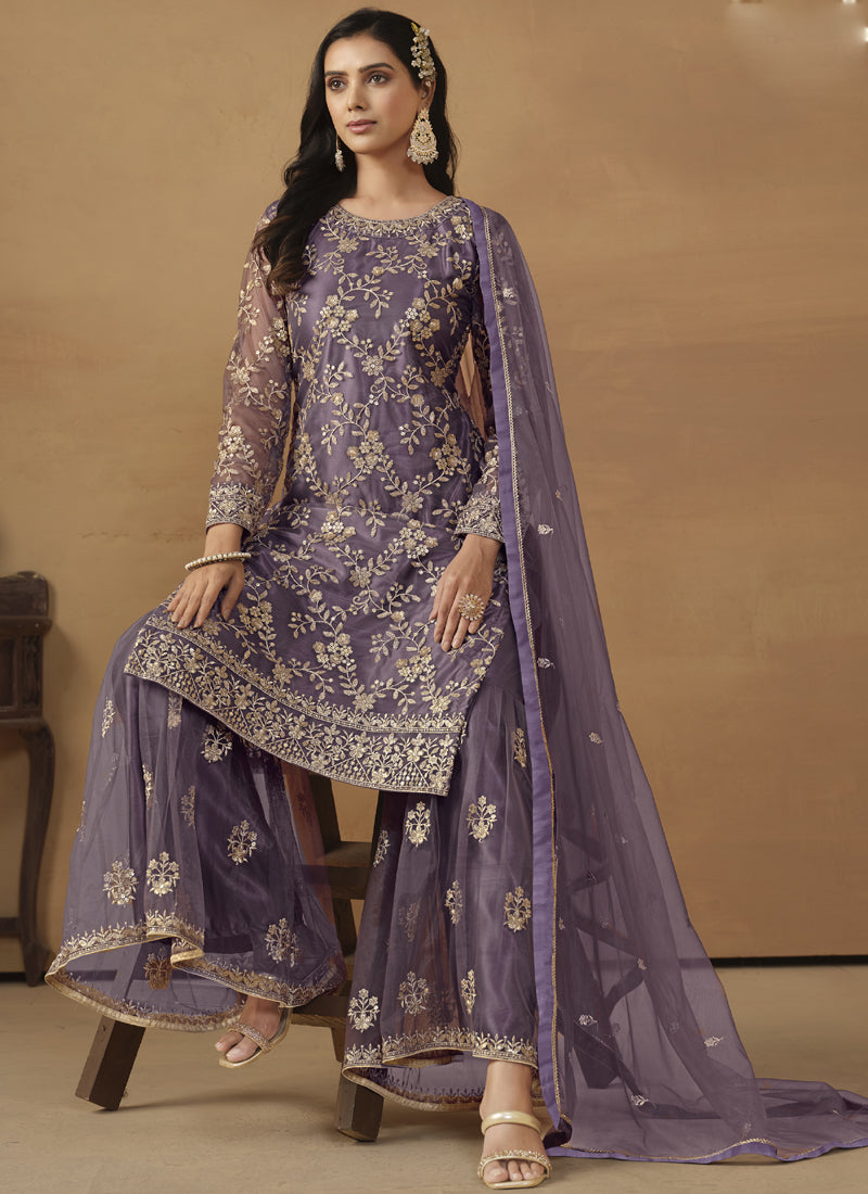 Purple Net Embroidered Sharara Suit